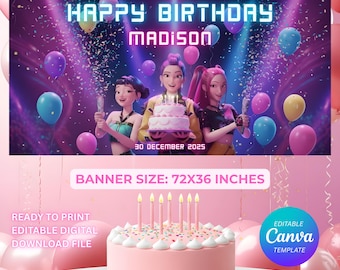 Banner de aniversário Kpop Demon Hunter Huntrix, modelo editável para decoração de festa de anime Kpop no Canva (download digital)