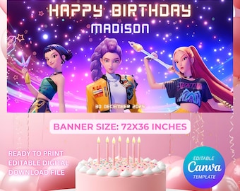 Banner de aniversário de caçador de demônios Kpop, decoração de festa editável em Canva (download digital, 72 x 36 polegadas)