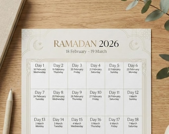 May include: A Ramadan 2026 calendar with a cream-colored background. The calendar grid displays dates from February 18 to March 19. The design includes crescent moon motifs and the text "Spiritually Uplifting - Premium Ramadan Collection."