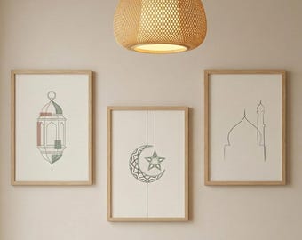 Minimalist Ramadan Art Prints | Lantern, Crescent, Mosque (Set of 3) (Digital Download)