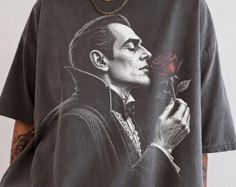 Dracula Smelling A Rose Shirt, Spooky Vampire Tee, Vintage Style Dracula Sketch T-Shirt, Halloween Gift Idea, Retro Witchy Halloween Top
