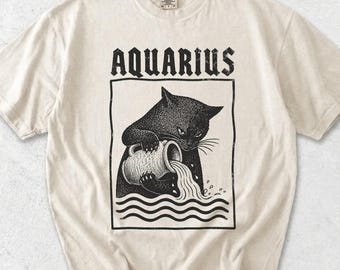 Aquarius Black Cat Zodiac T-Shirt, Astrology Birthday Gift Shirt, Comfort Colors® Gothic Witchy Top, Unisex Horoscope Shirt, Cat Lover Gift