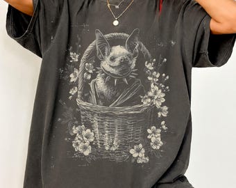 Gothic Bat Floral Graphic T-Shirt, Gothic Bat Tee, Goth Bat T-Shirt, Gothic Bat Gift, Grunge Bat T-Shirt, Grunge Gift, Spooky Bat Shirt
