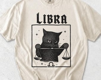 Libra Black Cat Zodiac T-Shirt, Astrology Birthday Gift Shirt, Comfort Colors® Gothic Witchy Top, Unisex Horoscope Shirt, Cat Lover Gift