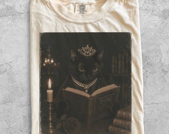 Vintage-Style Edgar Allan Poe Black Cat T-Shirt, Dark Academia Reading Shirt, Gothic Library Tee, Bookish Cat Lover Halloween Reader T-Shirt