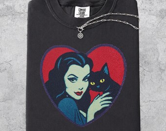 Goth Girl Black Cat Shirt, Vintage Horror Aesthetic Tee, Spooky Cute Heart Graphic T-Shirt, Witchy Cat Lover Gift