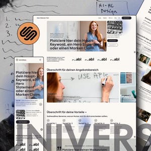 Könnte beinhalten: Eine digitale Website-Layout-Vorlage mit mehreren Bildschirmansichten, einschließlich Desktop- und Mobilversionen. Das Design zeigt Platzhaltertext auf Deutsch, darunter Phrasen wie "Platzierte hier dein Haupt-Keyword" und "USE APIS".