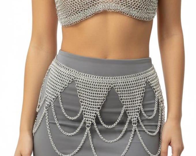 Silver Chainmail Bikini Set, Medieval Aluminum Armor Top & Skirt, Renaissance LARP Festival Outfit