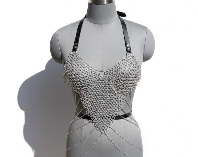 Medieval Aluminium Chainmail Halter Top with Leather Straps Fantasy LARP Cosplay Armor