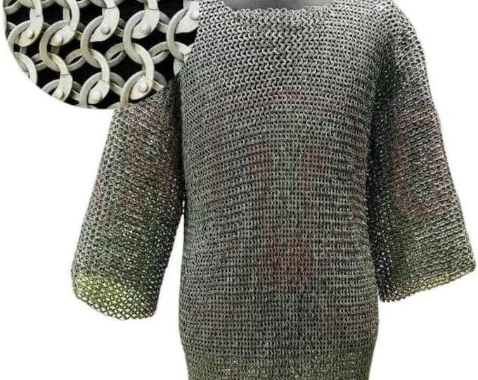 Medieval 18G Mild Steel Chainmail Haubergeon – Half Sleeve Riveted Armor Shirt for LARP, Viking,