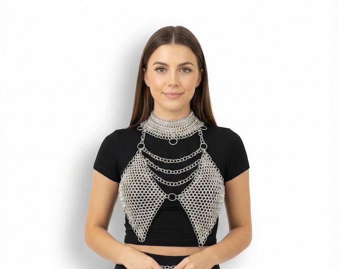 Medieval Aluminum Chainmail Chest Harness with Neck Collar | Gothic Viking Jewelry Armor