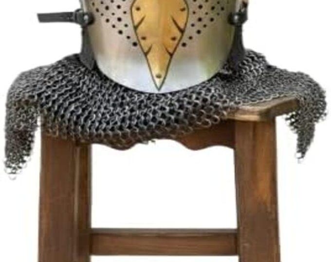 Medieval Handmade 18G Steel Knight Helmet with Brass Eagle Visor Iron Chainmail Aventail Armor