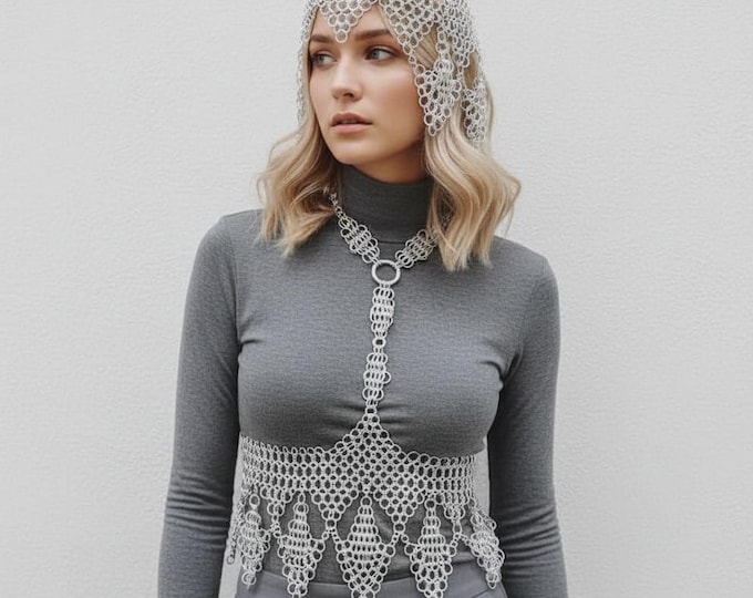 Medieval Aluminum Chainmail Belt & Headdress Womans – Medieval Renaissance Costume, LARP, Cosplay, Festival Armor Accessories