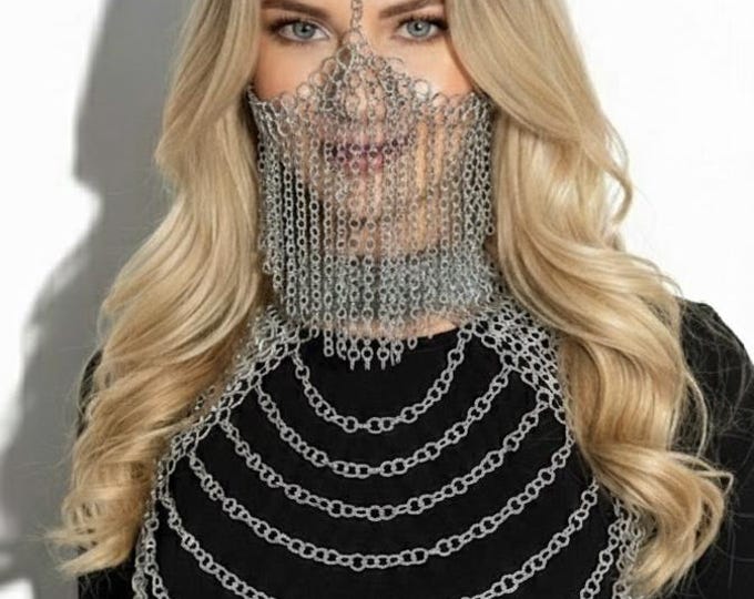 Medieval Aluminum Chainmail Shoulder Armor & Free Face Mask - Viking LARP Cosplay Costume Gift