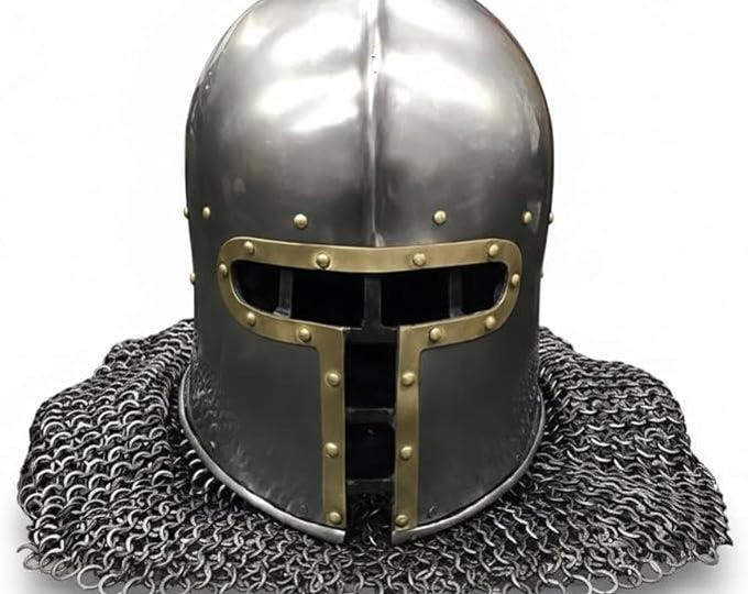 Medieval Brass-Trim Headpiece with Linked Mail Hood | Historic Steel Style Cosplay Headgear