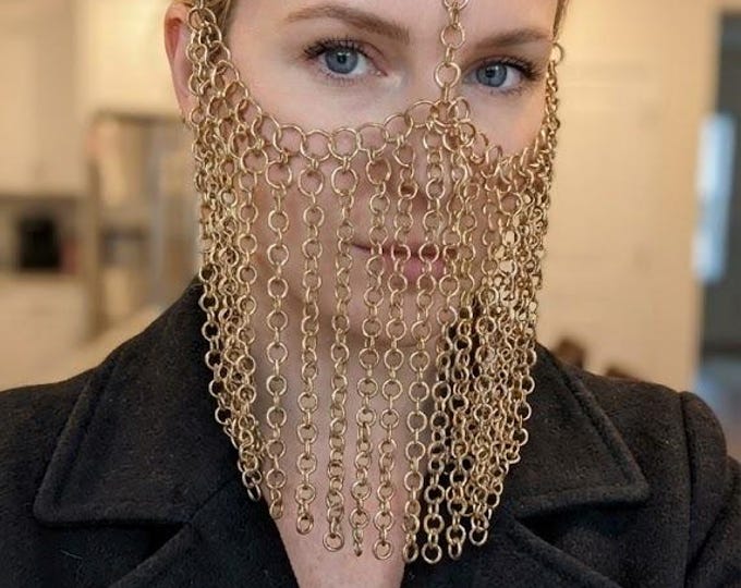 Gold Chainmail Veil Face Mask – Boho Festival Headpiece Headdress – Handmade Medieval Costume Jewelry