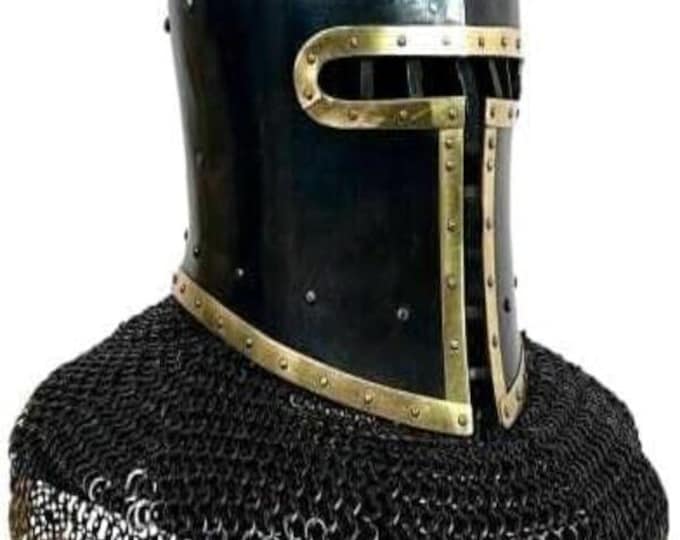 Handmade Black Crusader Helmet with Brass Trim Chainmail Aventail – LARP SCA Cosplay Armor