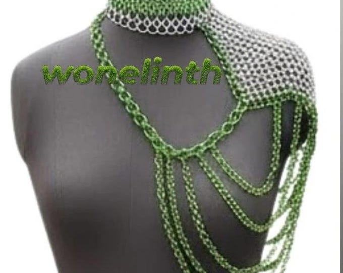 Medieval Silver Green Aluminum Chainmail Shoulder Armor Top Handmade Festival Cosplay Jewelry, Gothic Rave