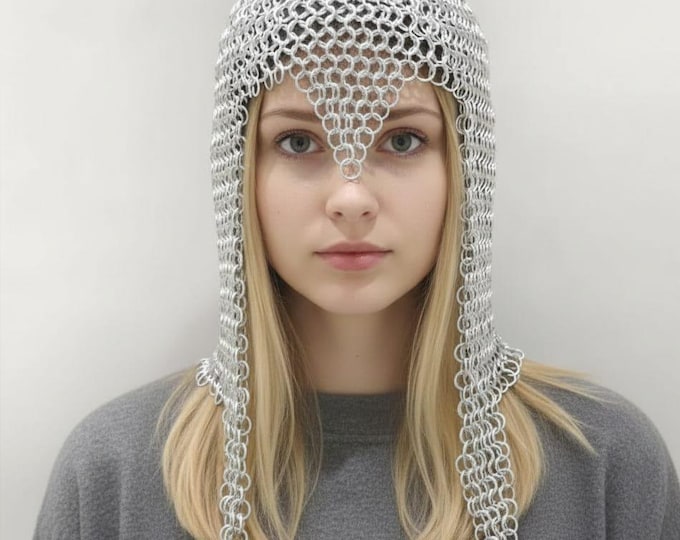 Medieval Aluminum Chainmail Coif | Man Woman Lightweight Medieval Hood, Cosplay LARP Costume Aluminium Rings