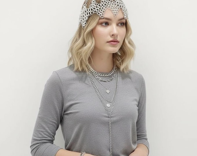 Aluminum Chainmail Headpiece, Necklace & Bracelet Set – Medieval Fantasy Jewelry for Renaissance Festival, LARP Cosplay