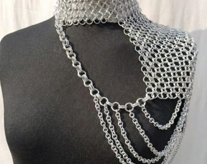 Women Chainmail Shoulder Armor Pauldron, Aluminium Medieval Viking LARP Cosplay Necklace, Costume Jewelry