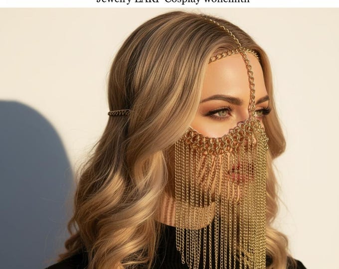 Gold Chainmail Face Veil - Medieval Headdress, Tribal Belly Dance Mask, Viking Headpiece, Boho Festival Face Chain