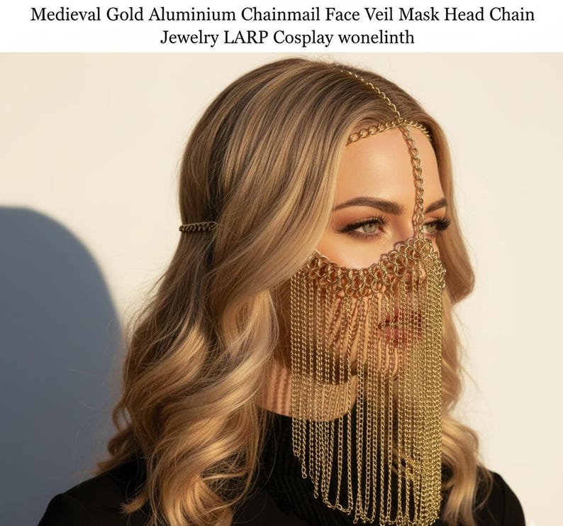 Medieval Gold Chainmail Face Veil Mask Front