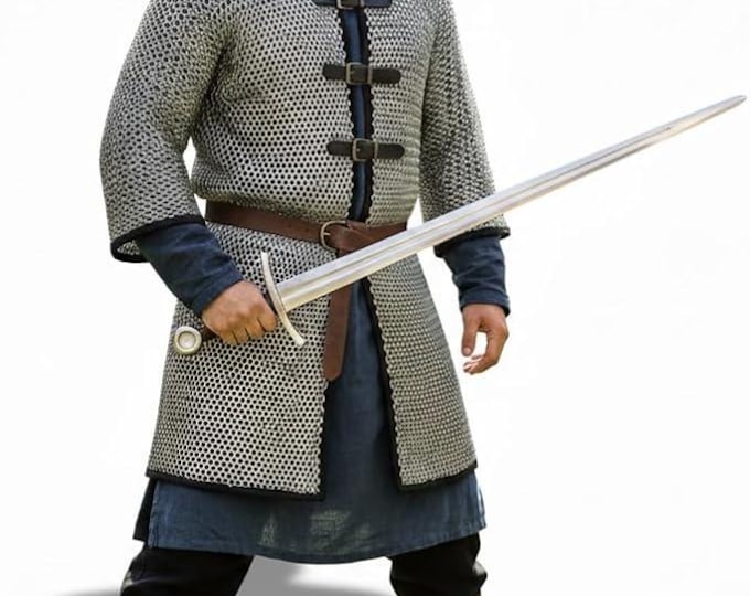 Aluminum 10mm Riveted Chainmail Haubergeon with Leather Trim for LARP & Cosplay