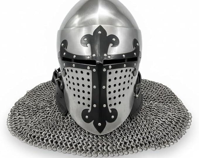 Medieval 18 Gauge Steel Helmet with Butted Chainmail Coif | Knight Warrior Armor for LARP