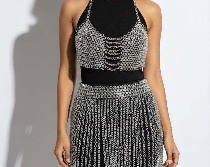 Medieval Handmade Aluminum Chainmail Crop Top & Skirt Set – Fantasy Cosplay Armor Outfit