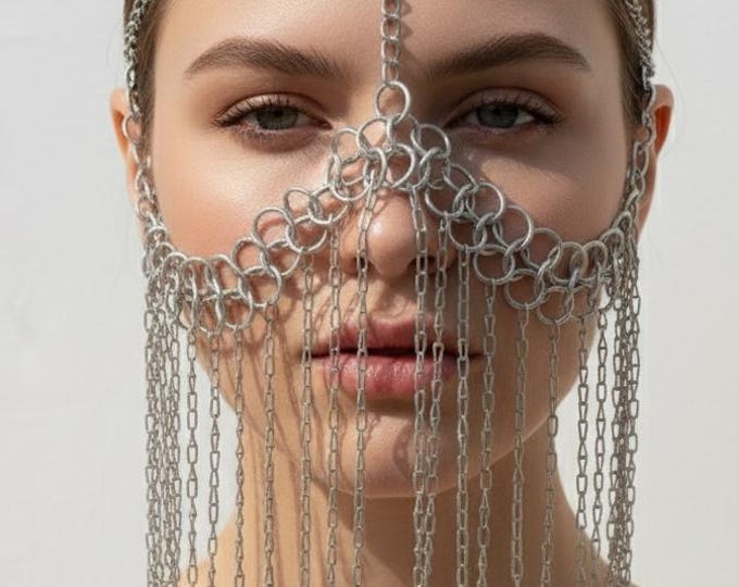 Medieval Silver Chainmail Face Veil Jewelry, Gothic Aluminum Mask for Cosplay & Festivals, Boho Gift