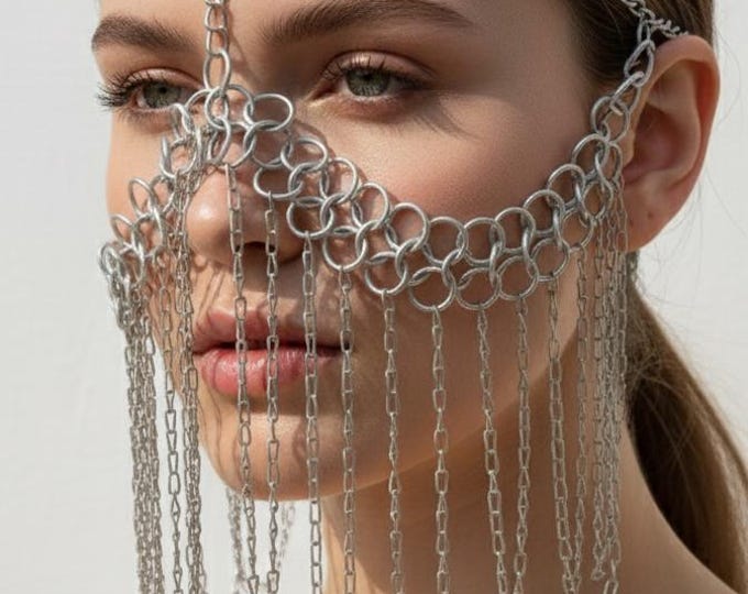 Gothic Silver Chainmail Face Veil, Aluminum Mask for Renaissance, LARP, Festival, Alt Fashion Gift