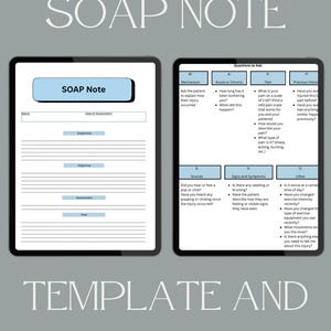 Op de afbeelding: Twee digitale tablets met een SOAP Note-sjabloon en een gids. Het SOAP Note-sjabloon bevat secties voor subjectief, objectief, beoordeling en plan. De gids biedt vragen over de blessure.
