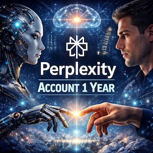 Pode incluir: Arte digital com um robô e um humano, com as pontas dos dedos quase se tocando, com uma luz brilhante entre eles. O texto "Perplexity Account 1 Year" é exibido em branco sobre um fundo azul escuro.