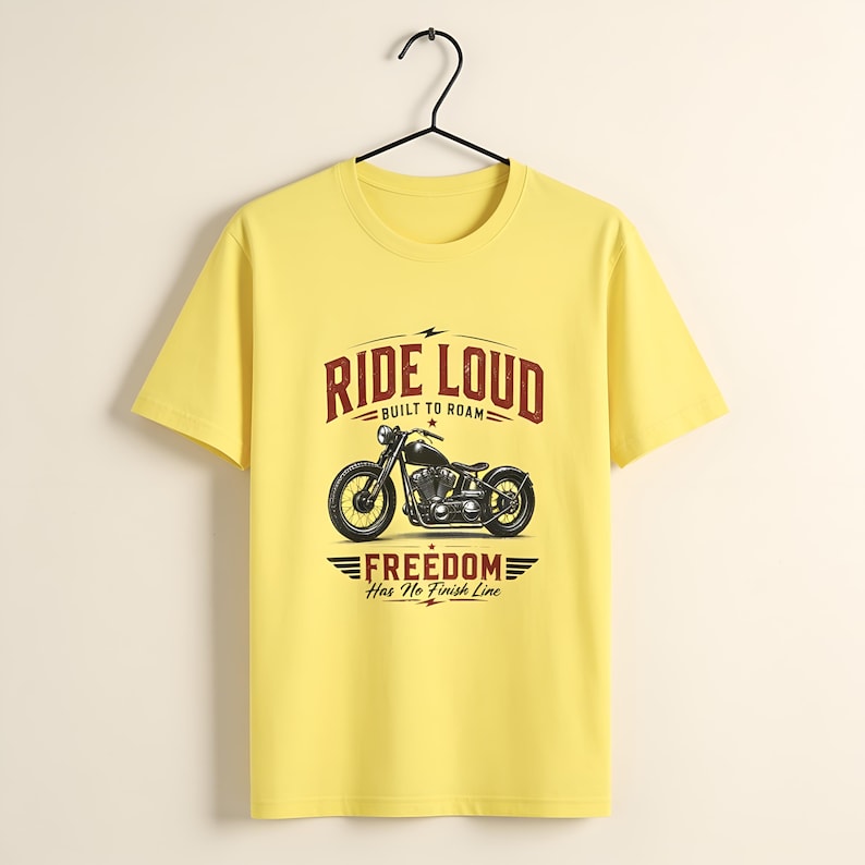 Ride Loud Motorcycle Graphic T Shirt Vintage Biker Tee Freedom Rider Gift Retro Chopper Shirt Road Trip Adventure Unisex Apparel Yellow