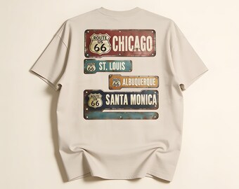 Route 66 Road Signs Tee Unisex Oversize T Shirt Chicago St Louis Albuquerque Santa Monica Vintage Travel Graphic