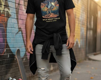 Camiseta con gráfico de aventura natural y lobo de montaña "Wild Heart Calls"