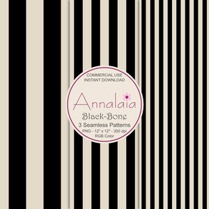 May include: Digital seamless patterns with black and cream vertical stripes. The image includes a circular graphic with the text "Annalaia Black-Bone 3 Seamless Patterns PNG - 12" x 12" - 300 dpi RGB Color".