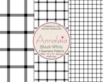 Black White Widowpane Plaid Seamless Pattern Set P3 | Scrapbook Paper Pack | Commercial Use (Digital Download)