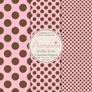 Op de afbeelding: Drie naadloze stippenpatronen in roze en bruin. De patronen bevatten grote en kleine stippen en een gestippeld raster. De afbeelding bevat de tekst "Annalaia Polka Dots" en "3 Seamless Patterns".