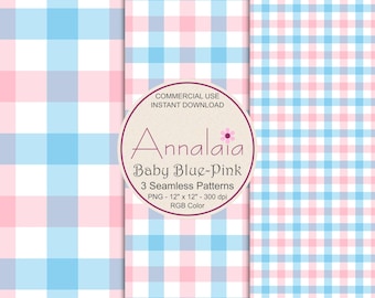 Babyblått rosa vitt gingham-pläd sömlöst mönster set P1b | Scrapbook-papperspaket | Kommersiellt bruk (digital nedladdning)