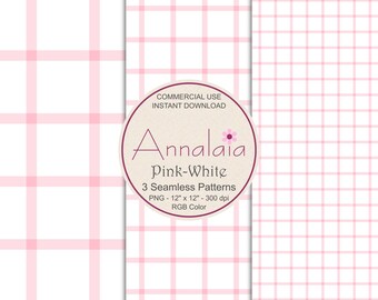 Pink White Widowpane Plaid Seamless Pattern Set P3 | Scrapbook Paper Pack | Commercial Use (Digital Download)
