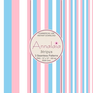 Peut inclure: Trois motifs sans couture à rayures verticales bleues claires, roses et blanches. L'image comprend un logo circulaire avec le texte "Annalaia Stripes" et des détails sur les motifs, y compris leur taille (30,48 cm x 30,48 cm) et leur résolution (300 dpi).