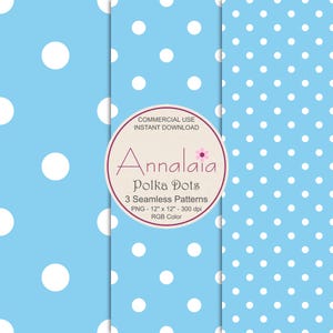 Conjunto de patrones sin costuras de lunares azul claro y blanco B3b / Paquete de papel para álbumes de recortes / Uso comercial (descarga digital)