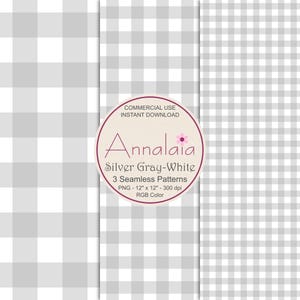 Silver Gray White Gingham Plaid Seamless Pattern Set P1 | Scrapbook Paper Pack | Commercial Use (Digital Download)