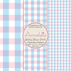 Baby Blue Pink White Gingham Plaid Seamless Pattern Set P1a | Scrapbook Paper Pack | Commercial Use (Digital Download)