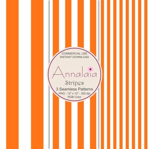 May include: Digital seamless patterns featuring vertical orange and white stripes. The image includes a circular graphic with the text "Annalaia Stripes" and details about the patterns, including PNG format, 12" x 12" size, and 300 dpi resolution.