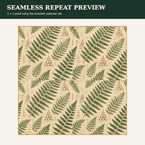 May include: A seamless repeat pattern featuring dark green fern leaves arranged diagonally across a light cream background. The design includes small, tan-colored geometric triangle motifs interspersed between the foliage, creating a repeating grid.