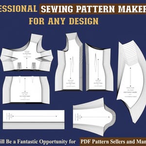 Peut inclure: L'image présente une robe verte à paillettes sur un mannequin, ainsi que des patrons de couture. Le texte indique "PROFESSIONAL SEWING PATTERN MAKER FOR ANY DESIGN" et "It Will Be a Fantastic Opportunity for PDF Pattern Sellers and Manufacturing Companies."