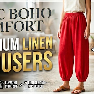 May include: Bright red trousers with an elasticated waistband and gathered cuffs at the ankles. The text on the image reads CHIC BOHO COMFORT PREMIUM LINEN TROUSERS, #1 CUSTOMER RATED TRENDING FASHION, SHOP NOW (LIMITED STOCK), SUPERIOR BREATHABILITY, ELEVATED CROP-CUT, HIGH DEMAND-TOP-SELLER.